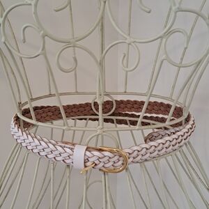 Vintage 90s J Crew White And Brown Leather, Braided Classic Belt, Size L/XL.
